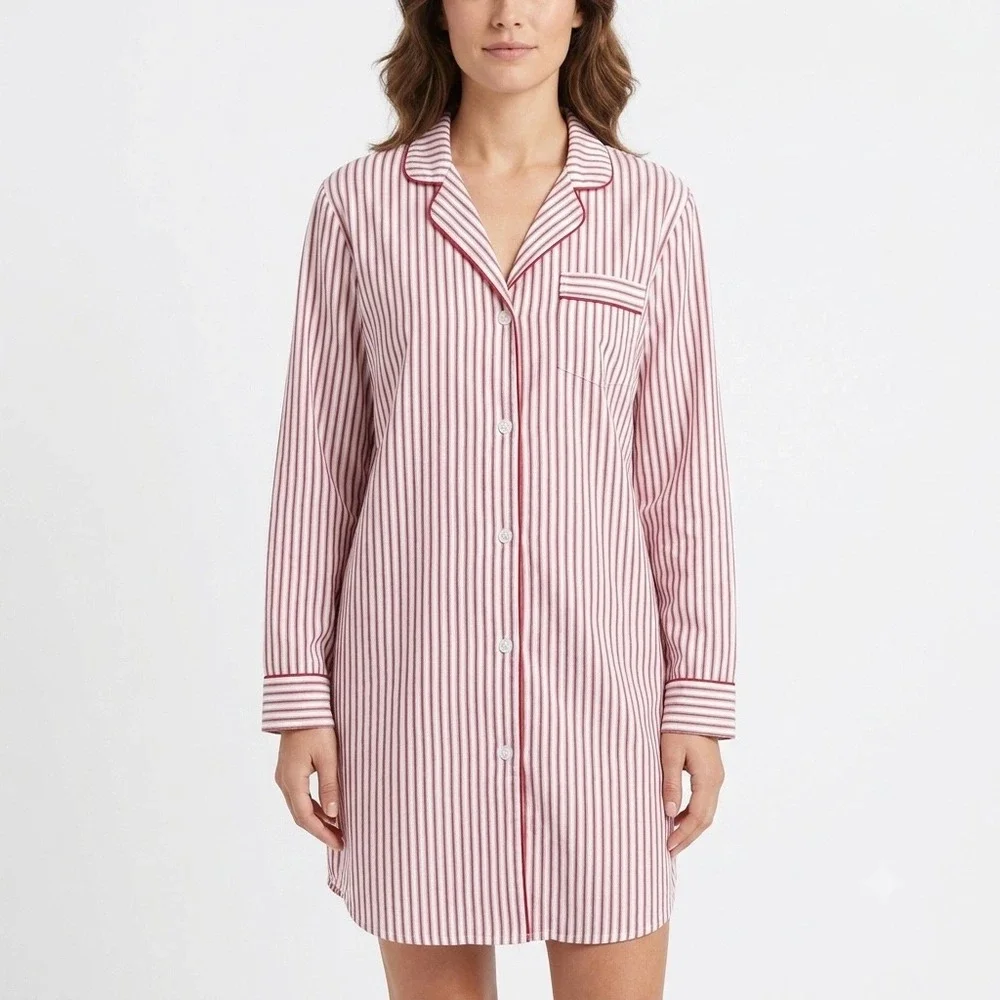 Red Land Cotton Nightshirt Womens Large Red White Striped Long Sleeve Made USA